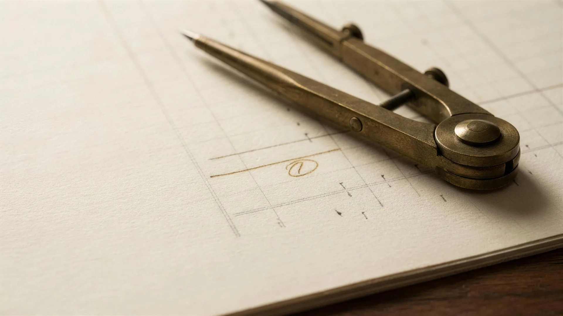 A brass drafting compass resting on a cream ledger sheet, one measurement circled in gold ink — warm side-light picking out the paper grain.